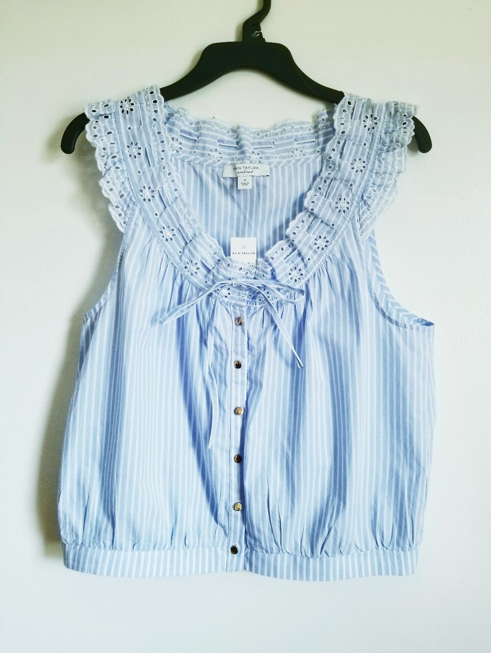 Ann Taylor Light Blue & White Striped Eyelet Ruffle Boho Blouse